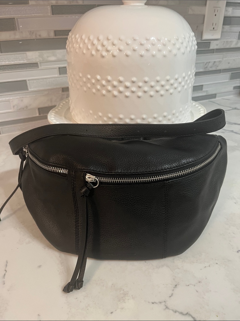 Lucky Brand Black Leather Crossbody Belt Bag with Silver Hardware